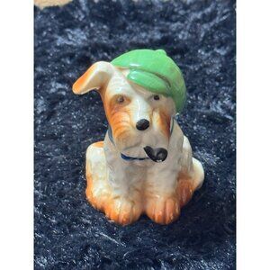 Vintage Occupied Japan Ceramic Terrier Figurine With Green Cap & Pipe